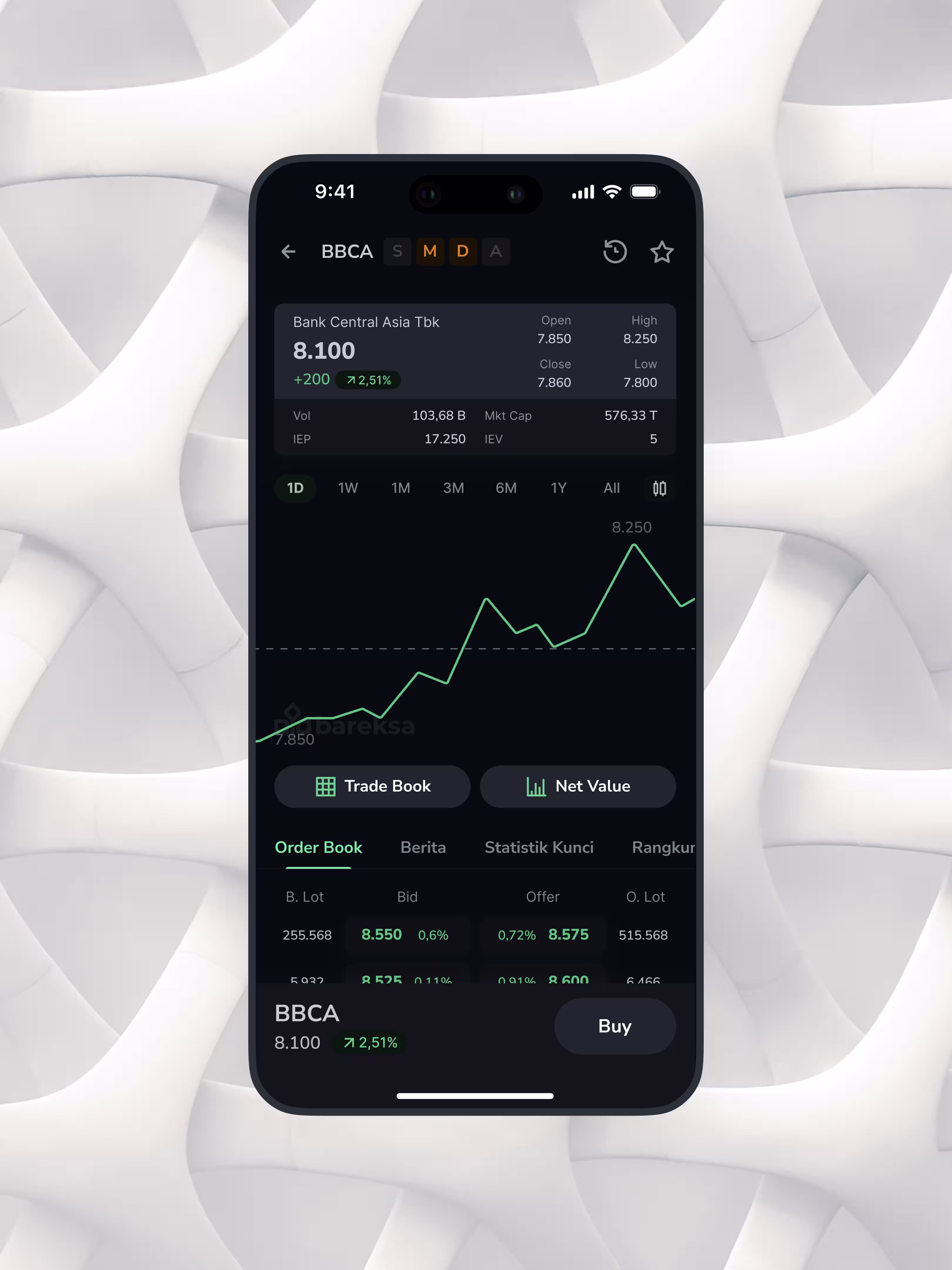 Dark mode interface for a stock details page in a invetsment app