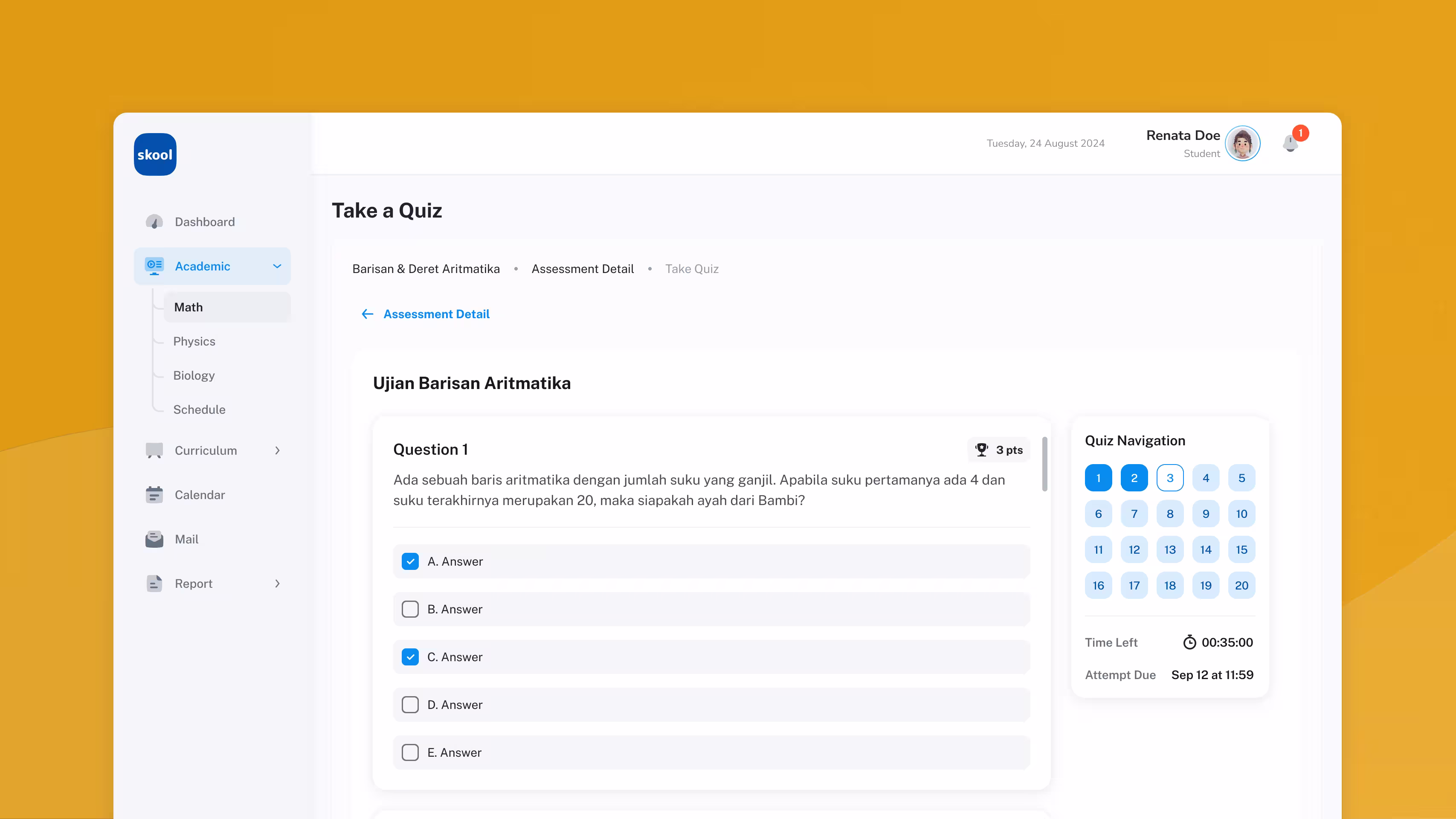 Skool app: Redesigned dashboard for enhanced user experience during quizzes.