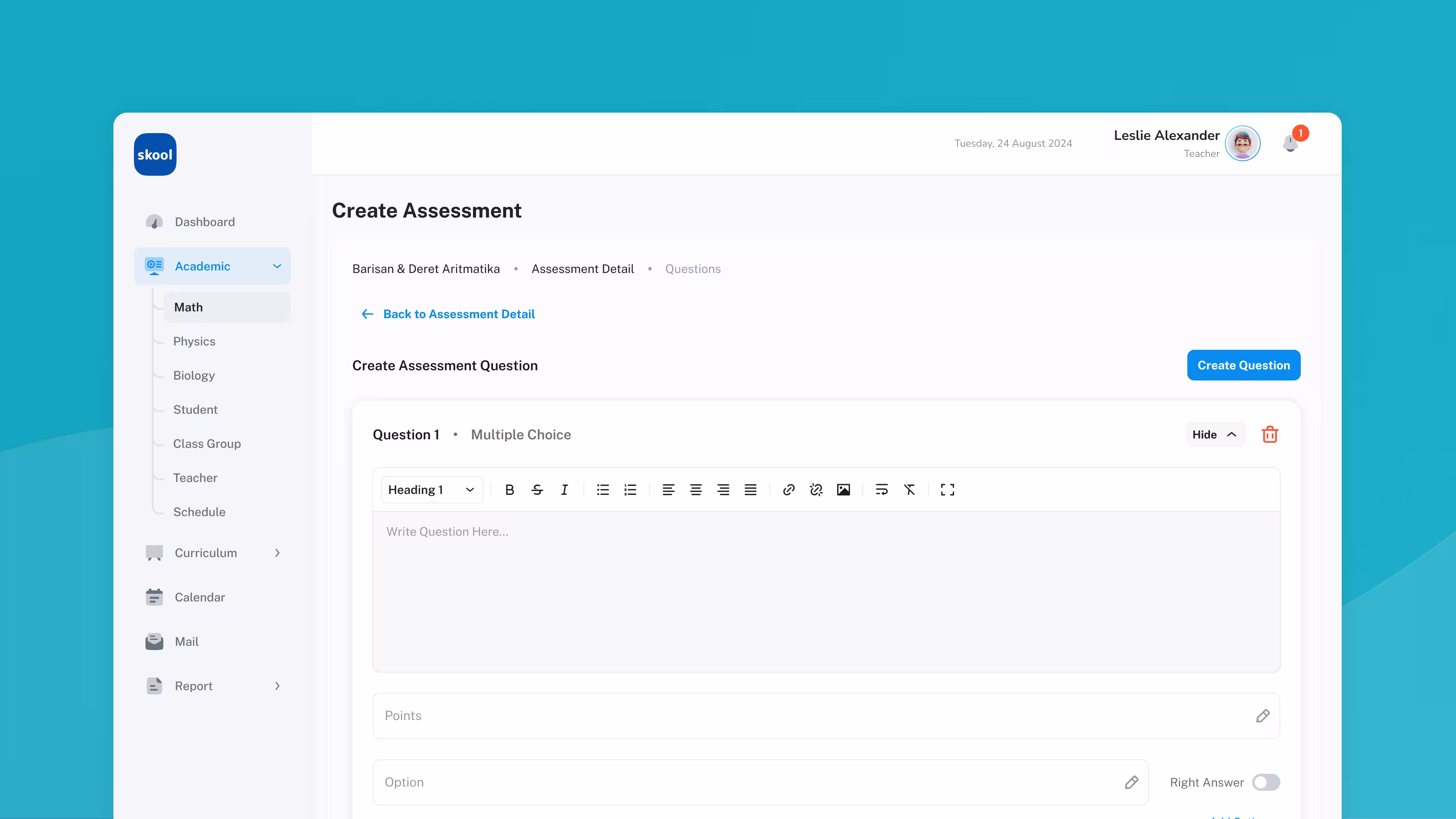 Skool app: Intuitive interface for creating assessments on the profile page.