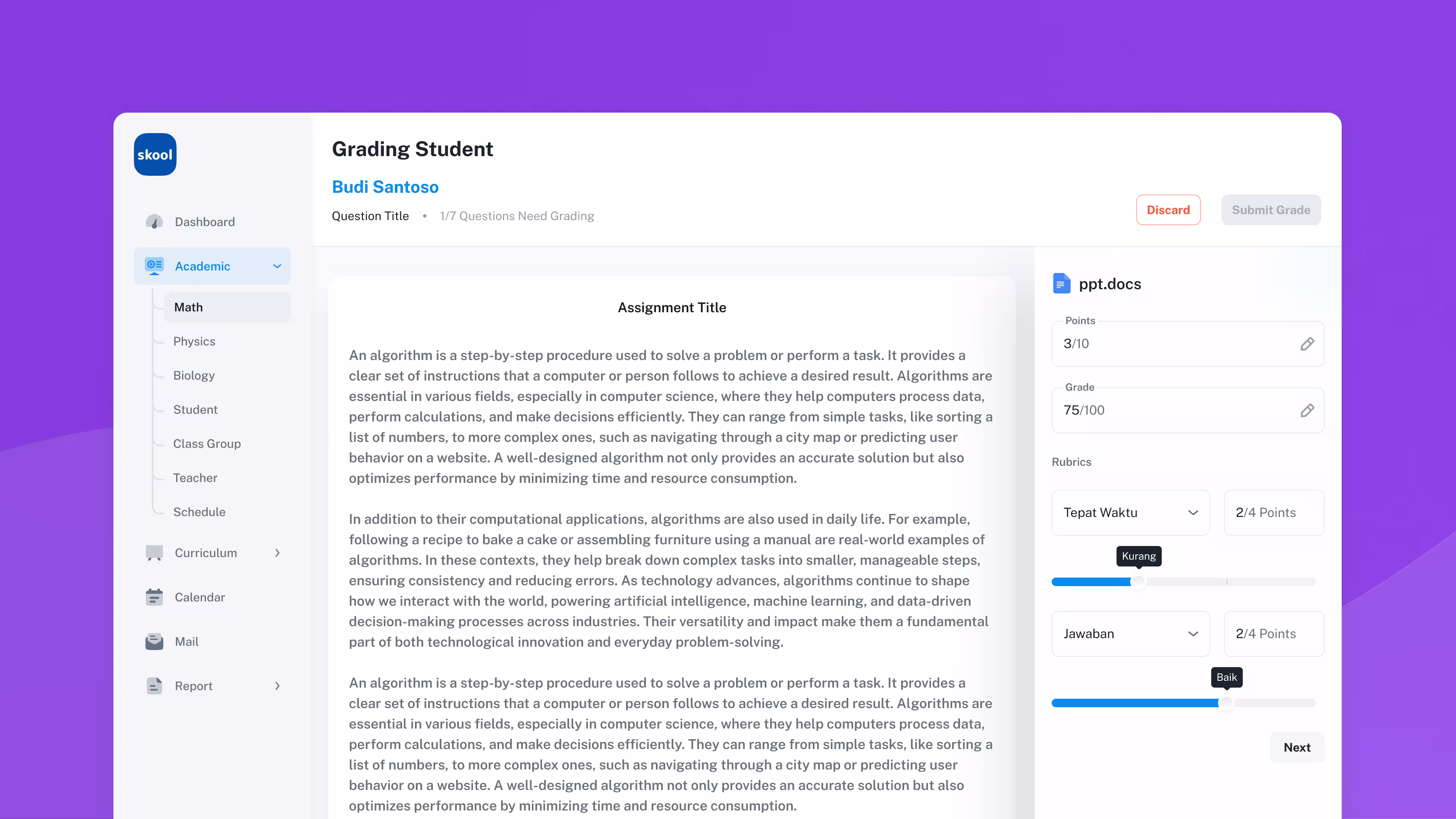 Skool app: Simple and clear interface for grading assessments in the analytics section.